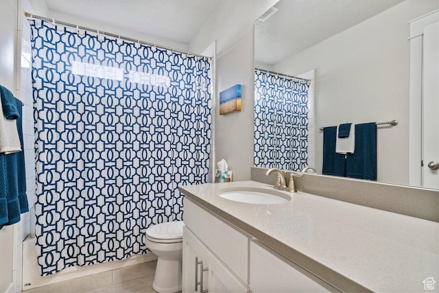 1795 N 4475 W, Plain City, UT 84404 - bathroom featuring curtained shower, tile patterned floors, visible vents, toilet, and vanity