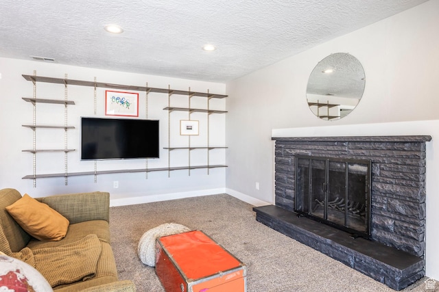 9466 S Indian Ridge Dr E, Sandy, UT 84092 - carpeted living area with a textured ceiling, a fireplace, baseboards, and recessed lighting