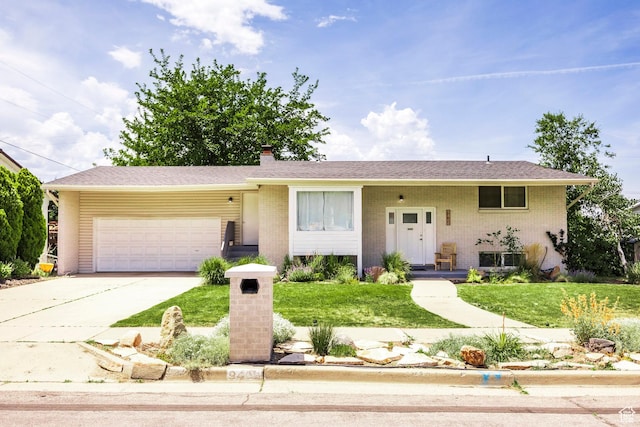 9466 S Indian Ridge Dr E, Sandy, UT 84092 - view of front of property with an attached garage, concrete driveway, a chimney, a front lawn, and brick siding