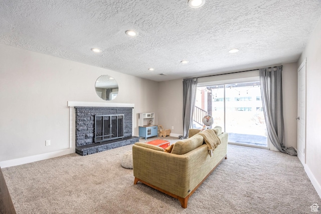 9466 S Indian Ridge Dr E, Sandy, UT 84092 - carpeted living area with baseboards, a stone fireplace, a textured ceiling, and recessed lighting