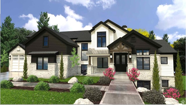 view of front facade with stone siding, a standing seam roof, metal roof, and a chimney