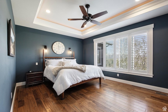 1621 S 4800 E, Heber City, UT 84032 - bedroom featuring a tray ceiling, hardwood / wood-style floors, baseboards, recessed lighting, and a ceiling fan