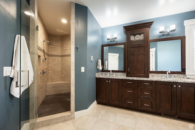 1621 S 4800 E, Heber City, UT 84032 - bathroom with a shower stall, double vanity, baseboards, and tile patterned floors