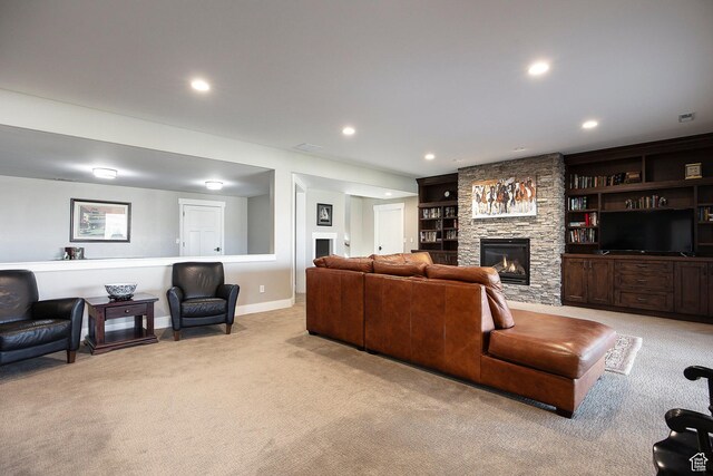 1621 S 4800 E, Heber City, UT 84032 - living room with carpet flooring, a stone fireplace, baseboards, and recessed lighting