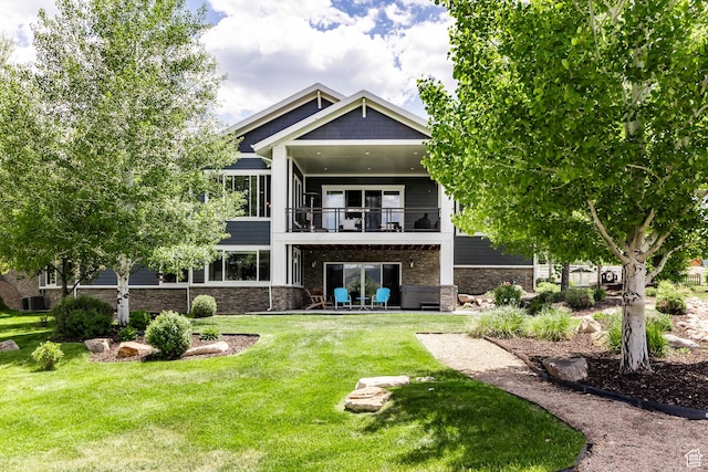 1621 S 4800 E, Heber City, UT 84032 - back of property with a balcony, a lawn, a patio, stone siding, and central AC unit