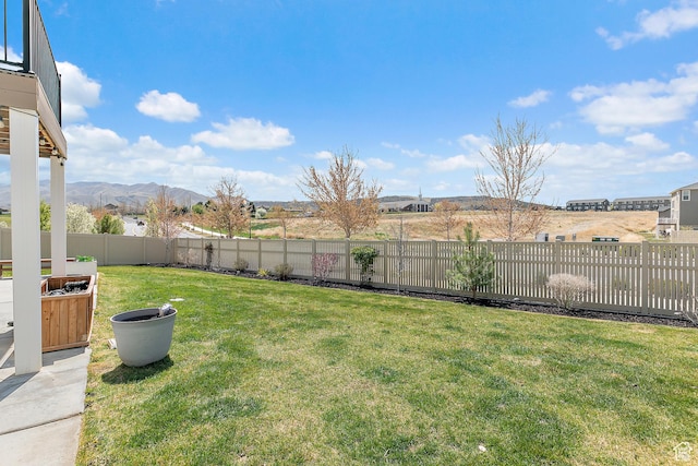 view of yard with a fenced backyard and a mountain view