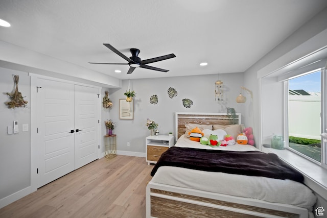 2848 S Preening Way, Saratoga Springs, UT 84045 - bedroom featuring recessed lighting, light wood-style flooring, baseboards, a ceiling fan, and access to outside