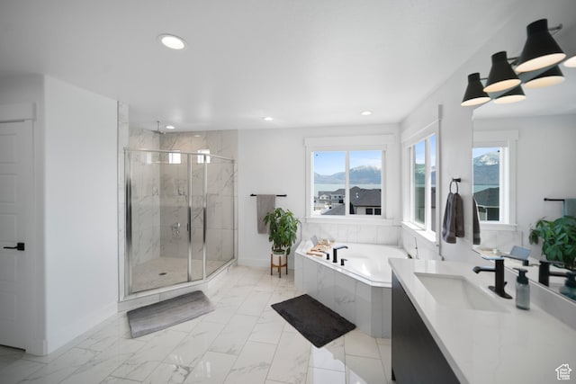 2848 S Preening Way, Saratoga Springs, UT 84045 - full bathroom featuring a marble finish shower, a garden tub, vanity, marble look tile flooring, and recessed lighting