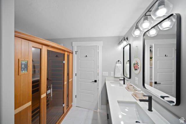 2848 S Preening Way, Saratoga Springs, UT 84045 - full bathroom with double vanity, marble finish floors, baseboards, and a sauna / steam room