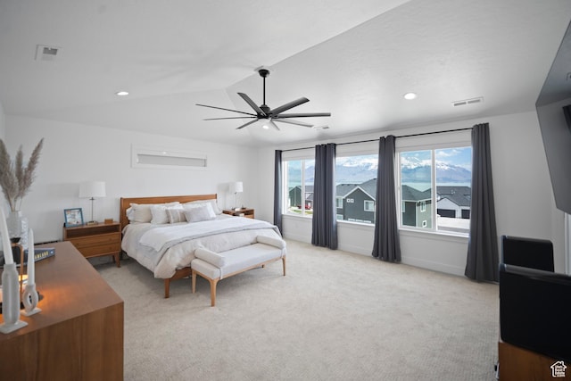 2848 S Preening Way, Saratoga Springs, UT 84045 - bedroom featuring light carpet, lofted ceiling, a ceiling fan, and recessed lighting