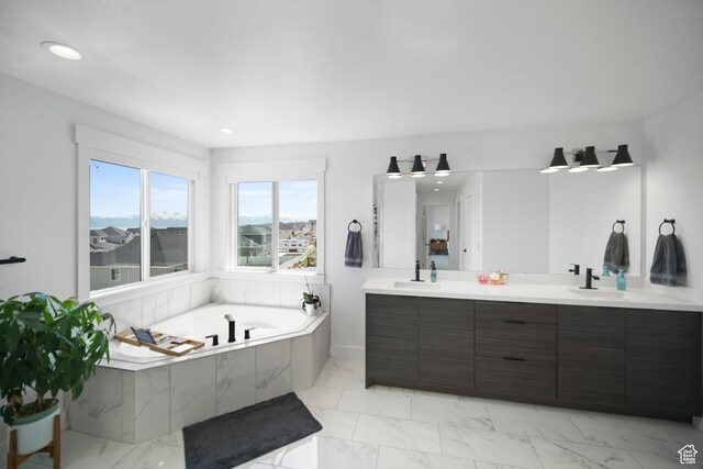 2848 S Preening Way, Saratoga Springs, UT 84045 - full bathroom featuring marble look tile flooring, double vanity, a bath, and recessed lighting