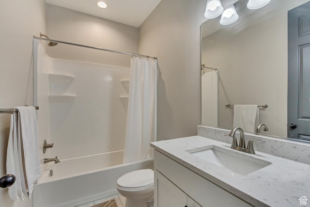 full bath with recessed lighting, tile patterned floors, shower / bathtub combination with curtain, toilet, and vanity