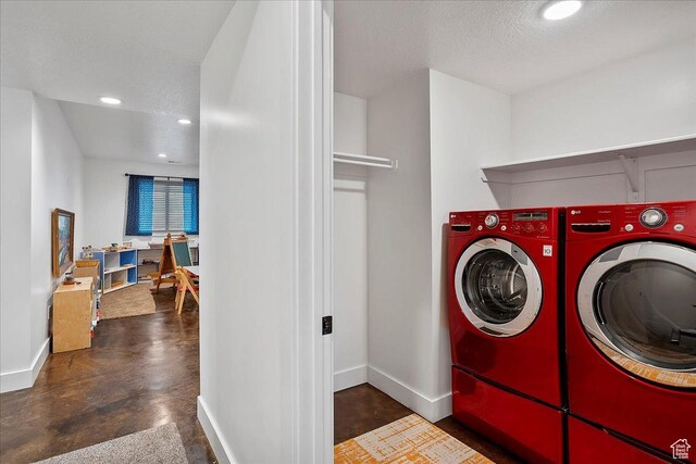 655 Wilard Peak Rd, Mantua, UT 84324 - clothes washing area featuring laundry area, baseboards, washer and dryer, and recessed lighting
