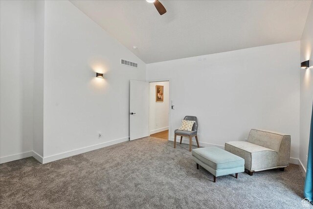 655 Wilard Peak Rd, Mantua, UT 84324 - living area featuring carpet floors, visible vents, high vaulted ceiling, and ceiling fan