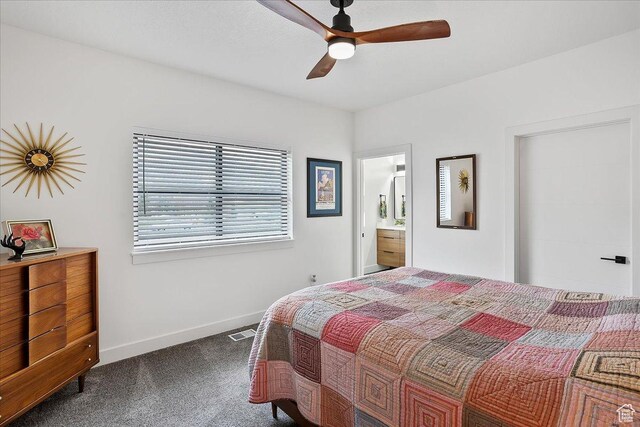 655 Wilard Peak Rd, Mantua, UT 84324 - bedroom featuring visible vents, carpet floors, ensuite bath, baseboards, and ceiling fan