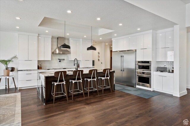 655 Wilard Peak Rd, Mantua, UT 84324 - kitchen featuring modern cabinets, wall chimney range hood, appliances with stainless steel finishes, and tasteful backsplash