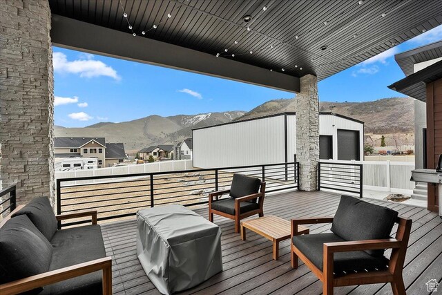655 Wilard Peak Rd, Mantua, UT 84324 - wooden terrace featuring an outdoor hangout area, a residential view, and a mountain view