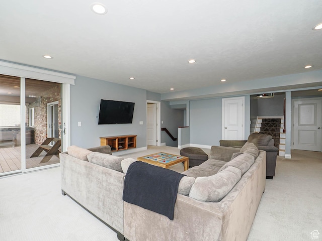 1022 E Northbonneville Dr N, Salt Lake City, UT 84103 - living area featuring stairs, light carpet, recessed lighting, and baseboards
