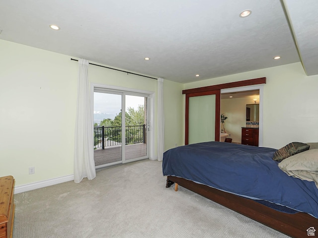 1022 E Northbonneville Dr N, Salt Lake City, UT 84103 - bedroom featuring recessed lighting, access to exterior, light carpet, and baseboards