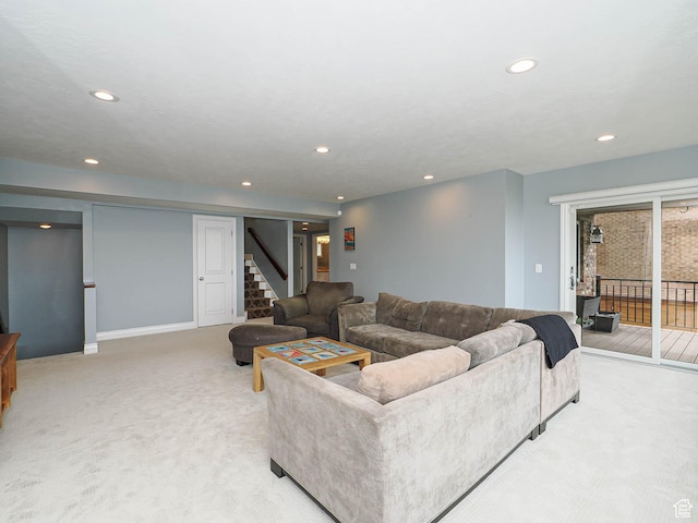 1022 E Northbonneville Dr N, Salt Lake City, UT 84103 - living room featuring light carpet, recessed lighting, and stairway