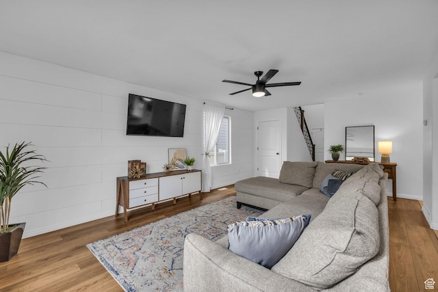 2526 S Andover St, West Haven, UT 84401 - living room with stairway, ceiling fan, baseboards, and wood finished floors