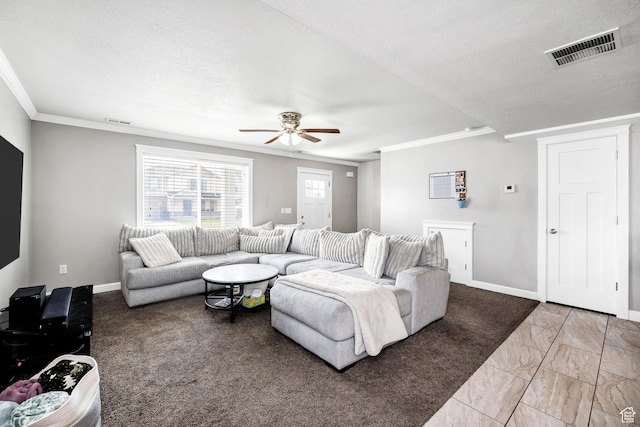 455 W 1140 N, Logan, UT 84341 - living area with marble finish floor, visible vents, a ceiling fan, crown molding, and baseboards