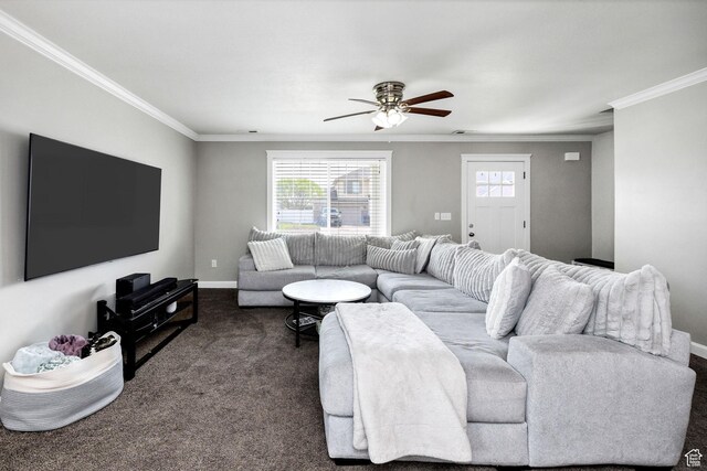 455 W 1140 N, Logan, UT 84341 - living area with baseboards, dark carpet, ceiling fan, and crown molding
