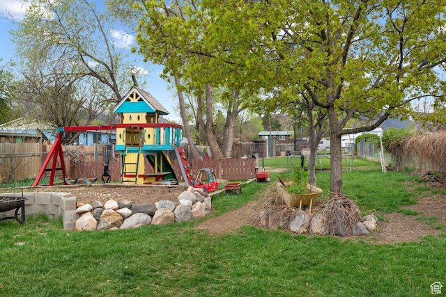 view of yard featuring a fenced backyard and a playground