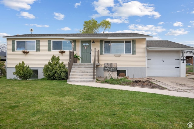 ranch-style home with an attached garage, a front yard, and driveway