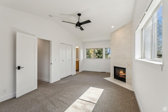 4824 N Meadow Loop Rd Unit 7, Park City, UT 84098 - unfurnished bedroom with baseboards, lofted ceiling, carpet flooring, and a tiled fireplace