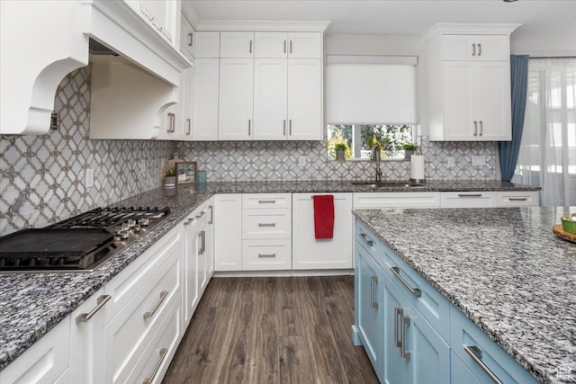 364 W Clark Cir, Farmington, UT 84025 - kitchen with a sink, blue cabinetry, dark wood-type flooring, and white cabinetry