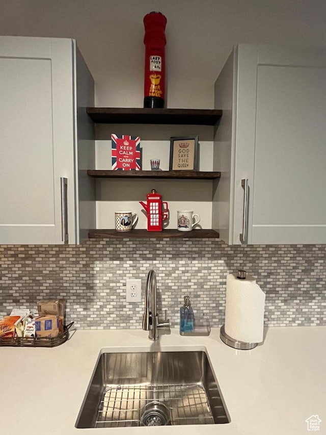 364 W Clark Cir, Farmington, UT 84025 - kitchen featuring a sink, light countertops, decorative backsplash, and open shelves