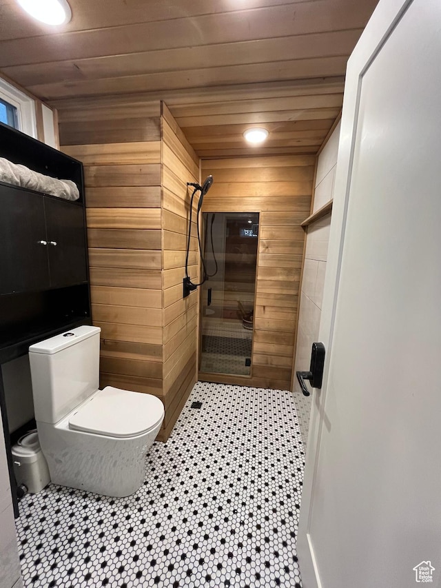 364 W Clark Cir, Farmington, UT 84025 - full bathroom featuring wooden walls, toilet, wooden ceiling, a tile shower, and tile patterned floors