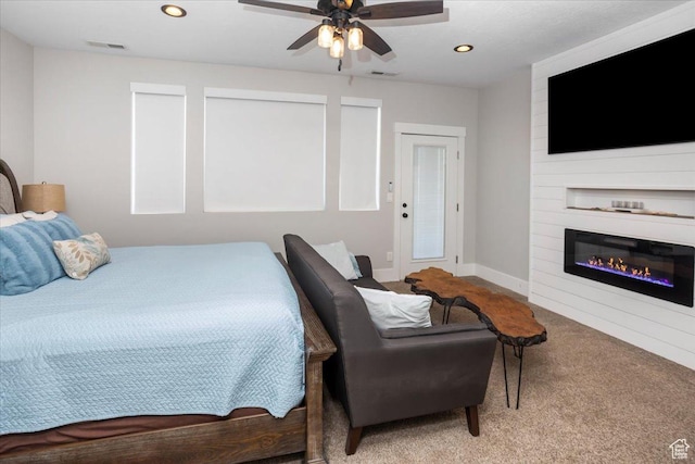 364 W Clark Cir, Farmington, UT 84025 - bedroom with carpet flooring, recessed lighting, a large fireplace, ceiling fan, and baseboards