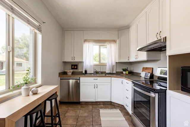 1425 W Riverside Cir, Salt Lake City, UT 84116 - kitchen with appliances with stainless steel finishes, under cabinet range hood, white cabinets, and dark countertops