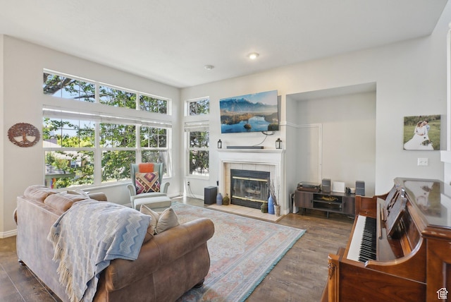 2710 Forest Spring Way, Salt Lake City, UT 84106 - living area featuring a tiled fireplace, recessed lighting, and dark wood-style floors