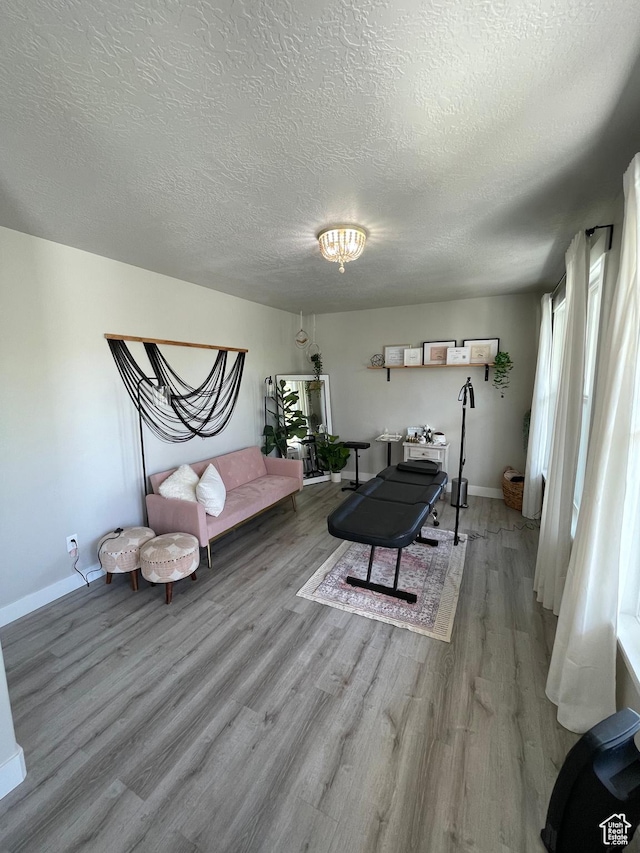 living room with a textured ceiling, baseboards, and light wood-style floors