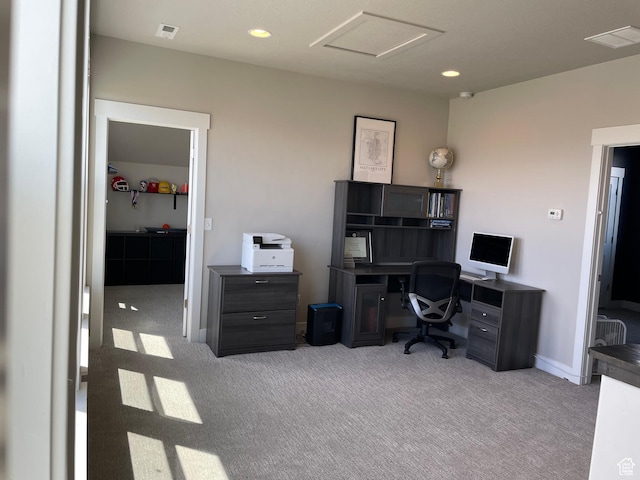 office area with visible vents, recessed lighting, attic access, and carpet