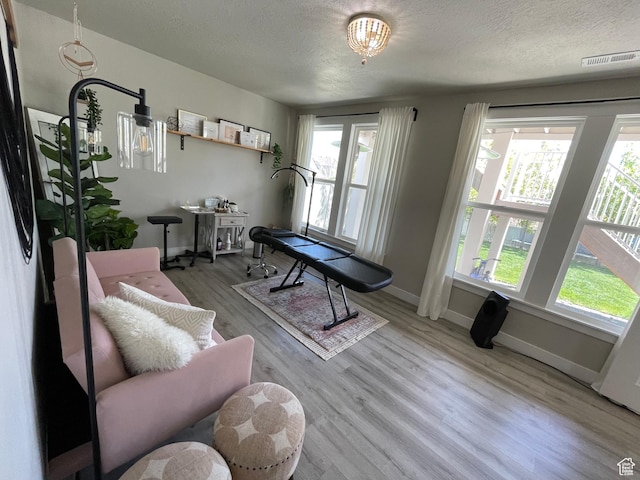 recreation room with a wealth of natural light, wood finished floors, a textured ceiling, and baseboards