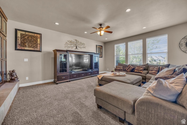 3627 W Augusta Dr, Syracuse, UT 84075 - living room featuring a ceiling fan, recessed lighting, baseboards, and carpet floors