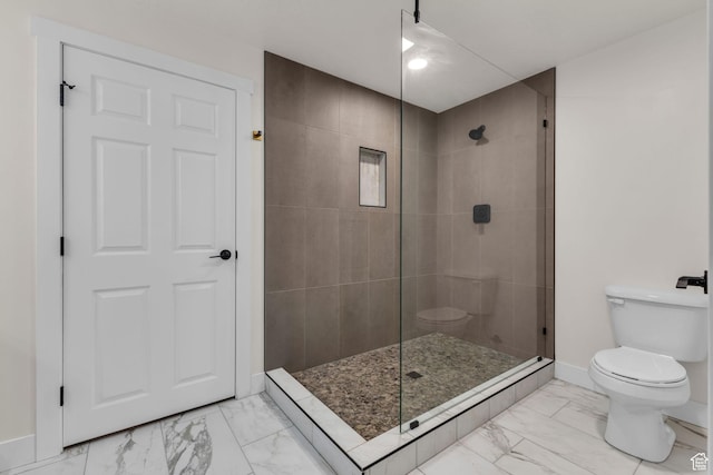 3627 W Augusta Dr, Syracuse, UT 84075 - bathroom with toilet, marble look tiles, tiled shower, and baseboards