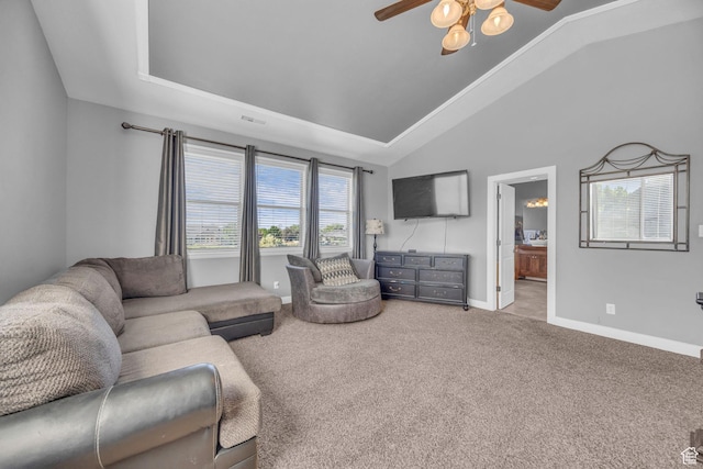 3627 W Augusta Dr, Syracuse, UT 84075 - living area with a ceiling fan, carpet floors, baseboards, and vaulted ceiling