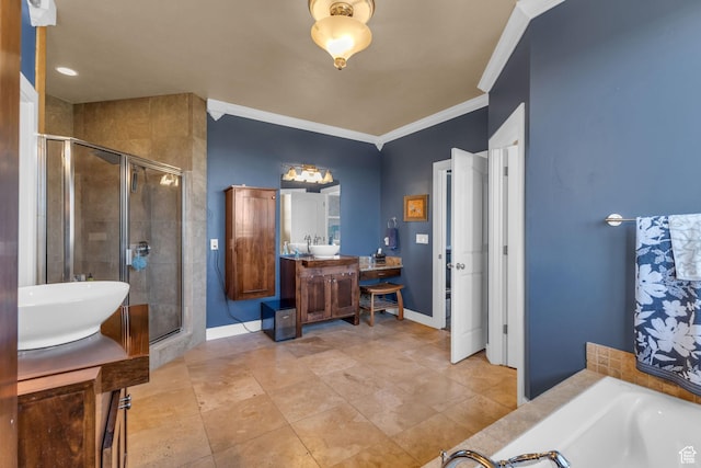 3627 W Augusta Dr, Syracuse, UT 84075 - full bath with vanity, a stall shower, a bath, crown molding, and baseboards