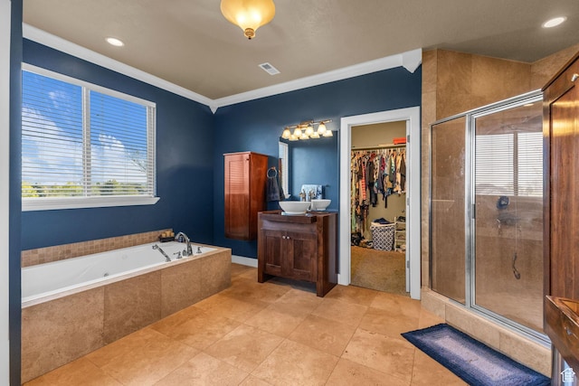 3627 W Augusta Dr, Syracuse, UT 84075 - full bath with a stall shower, plenty of natural light, a garden tub, vanity, and crown molding
