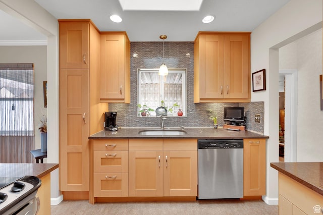 kitchen featuring stainless steel dishwasher, a sink, decorative backsplash, hanging light fixtures, and ornamental molding