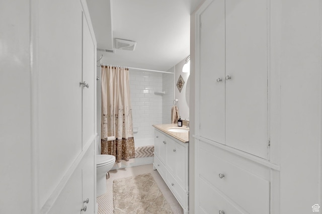 full bath with tile patterned flooring, toilet, shower / bath combo, and vanity