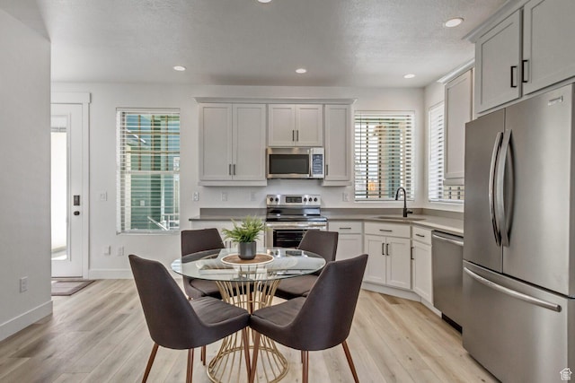 kitchen with stainless steel appliances, light wood-style flooring, a sink, and plenty of natural light