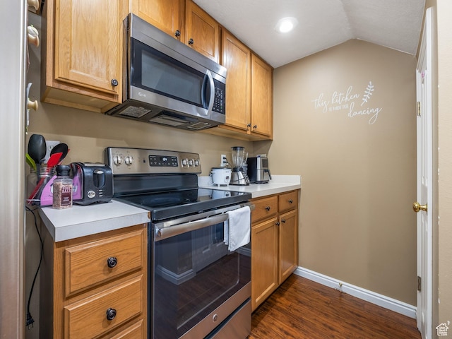 112 W Cougar Blvd N Unit 311, Provo, UT 84604 - kitchen with light countertops, stainless steel appliances, baseboards, dark wood-type flooring, and vaulted ceiling