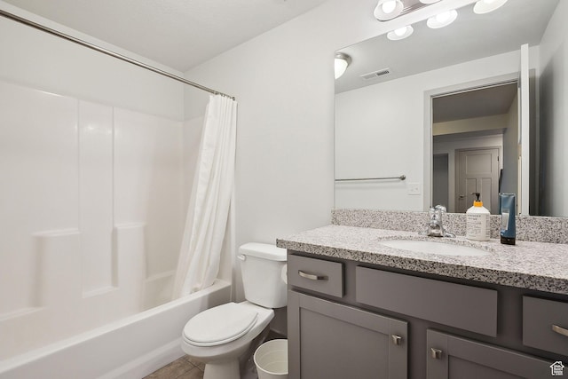 full bath with visible vents, toilet, vanity, and shower / bath combination with curtain