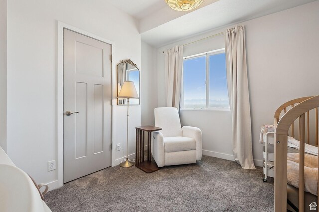 carpeted bedroom with a nursery area and baseboards